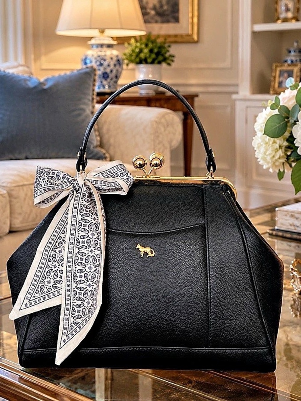 EMMA FOX  Black & White purse with kiss-lock with unbranded scarf